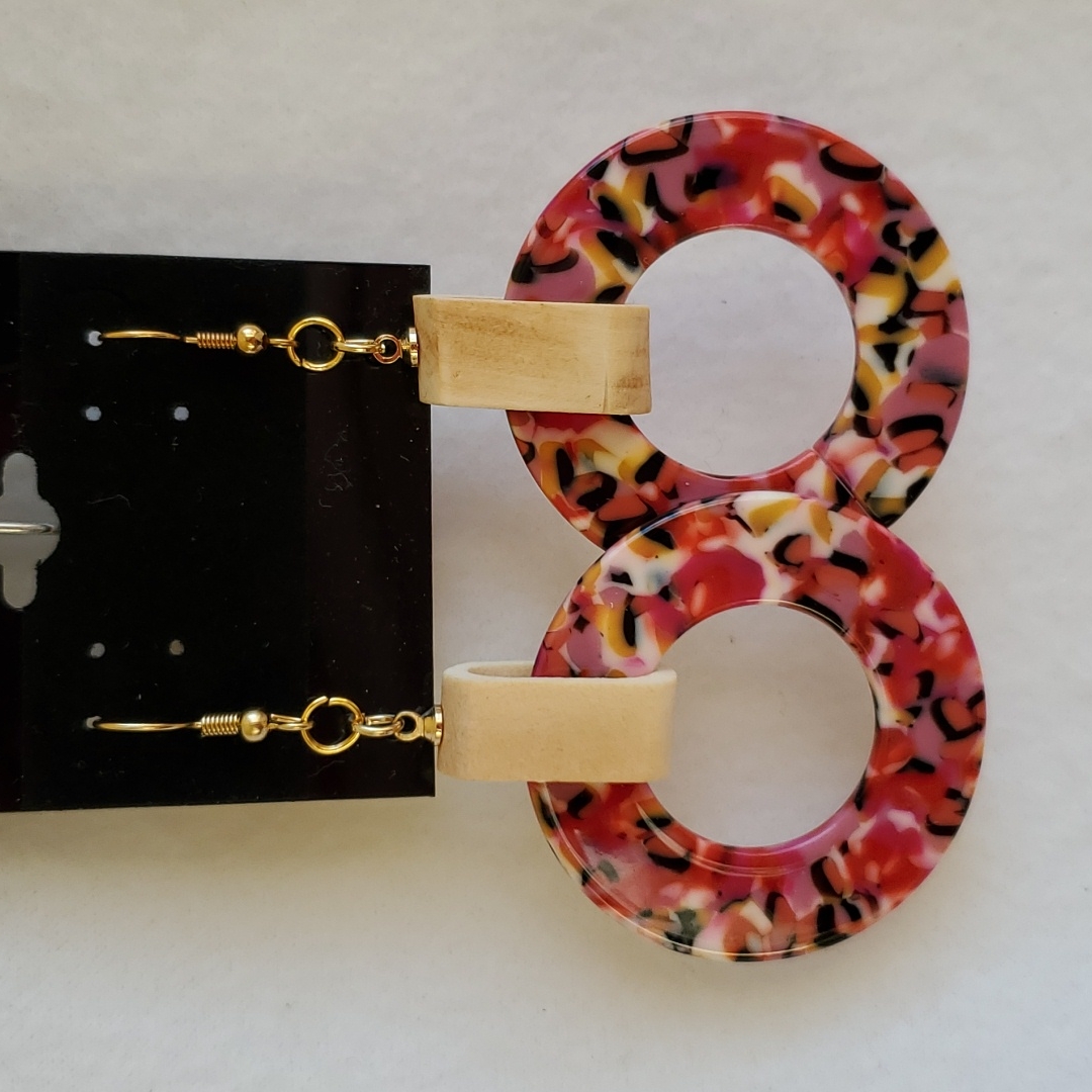Womens Acrylic & Wood Pink Swirls Hook Earrings